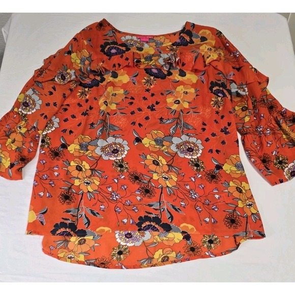 Sunny Leigh Tops - Sunny Leigh Women's XL Orange Floral Blouse Ruffle 3/4 Sleeves